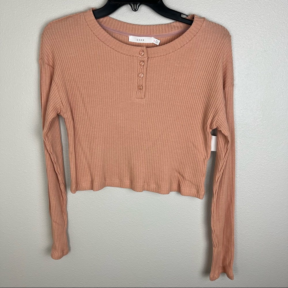 Lush | Pink Rib Knit Long Sleeve Cropped Top